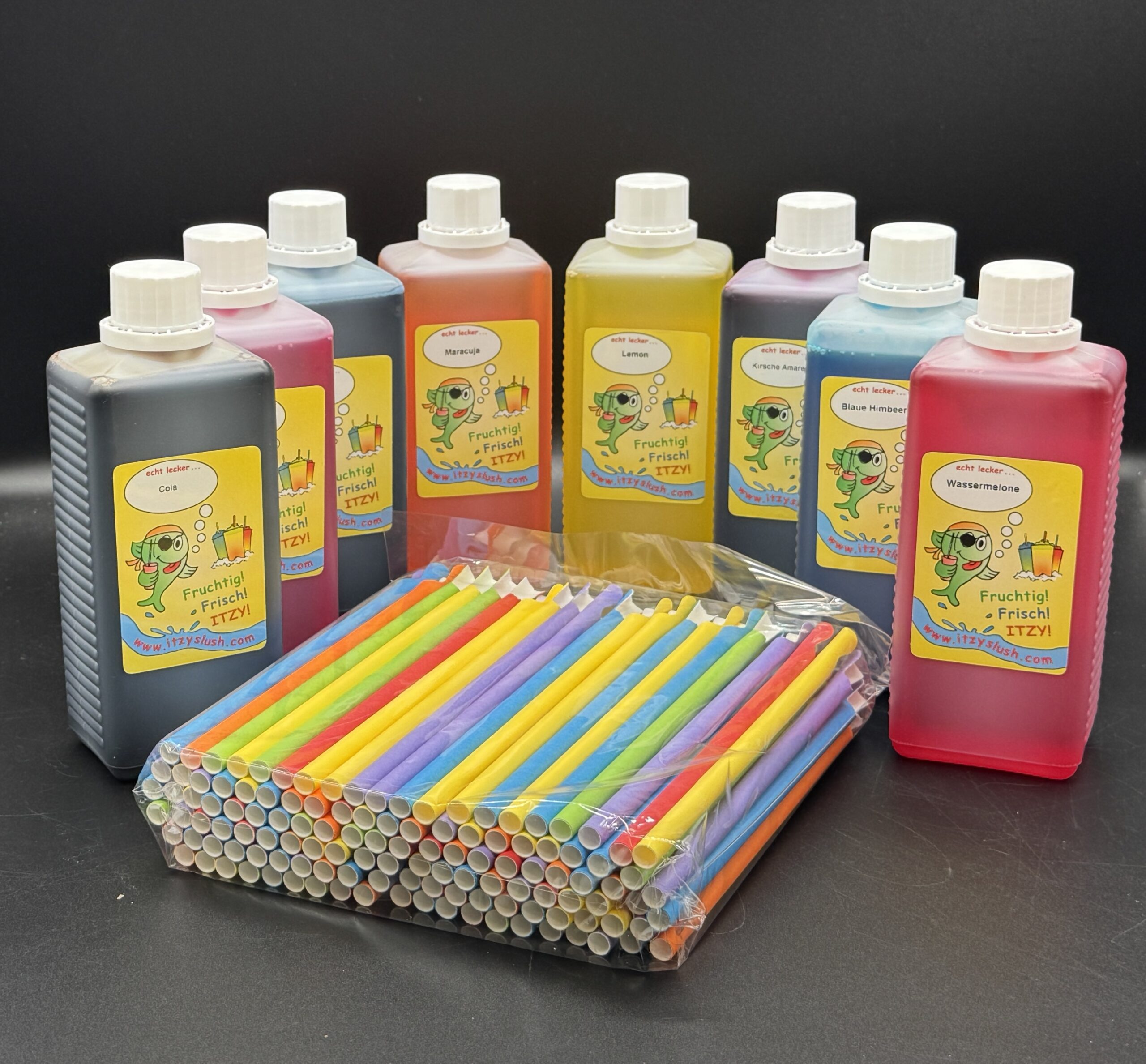 8x 500 ml + 125 Löffelhalme - Set itzyslush Premiumsirup - vegan, gluten-, lactosefrei